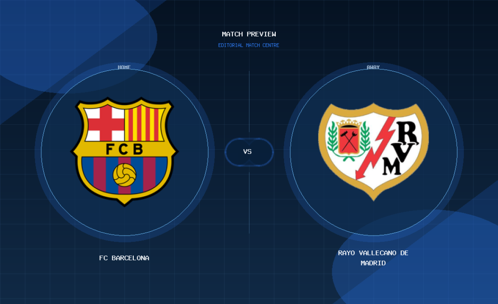 FC Barcelona vs Rayo Vallecano de Madrid club crest match preview graphic