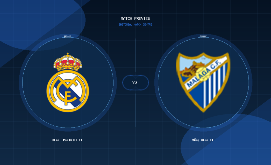 Real Madrid CF vs Málaga CF club crest match preview graphic