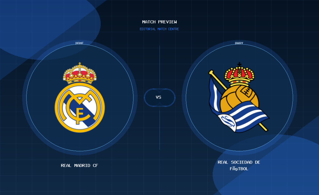 Real Madrid CF vs Real Sociedad de Fútbol club crest match preview graphic