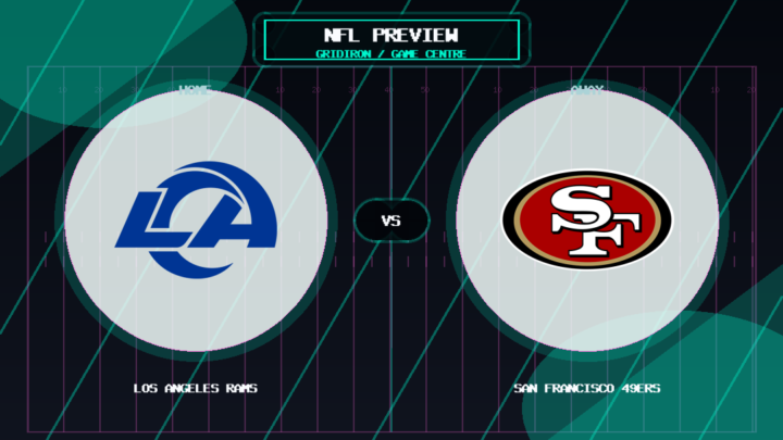 Los Angeles Rams vs San Francisco 49ers team logo match preview graphic