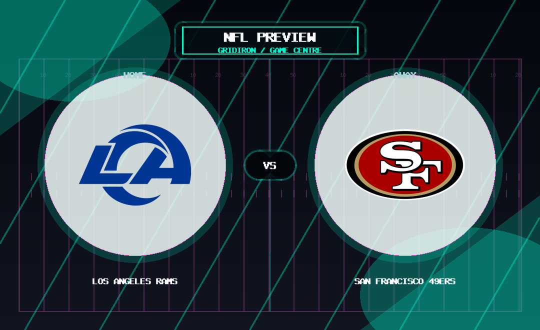 Los Angeles Rams vs San Francisco 49ers team logo match preview graphic