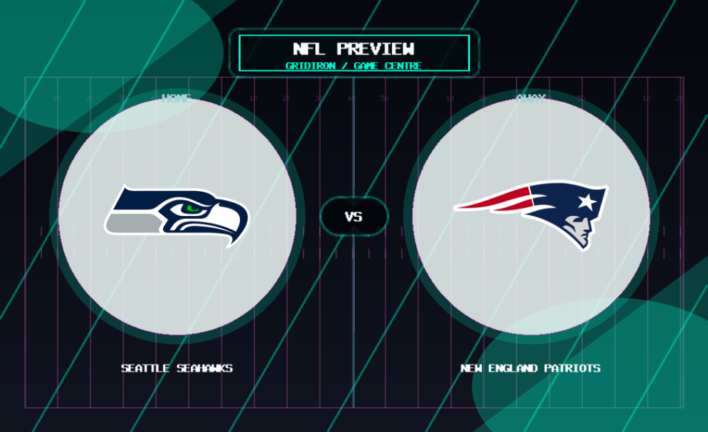 Seattle Seahawks vs New England Patriots team logo match preview graphic