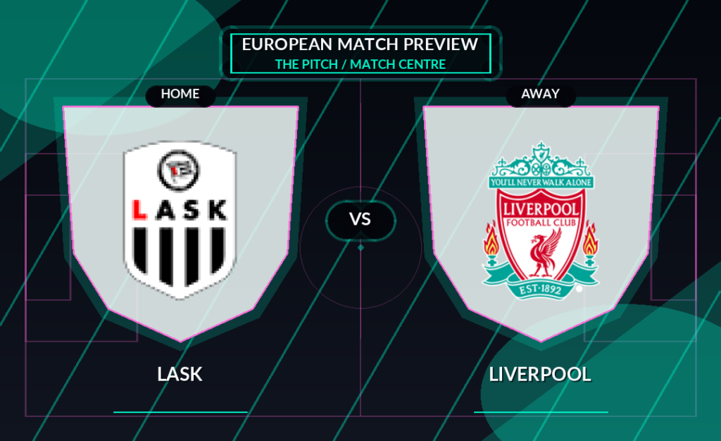 LASK vs Liverpool club crest match preview graphic