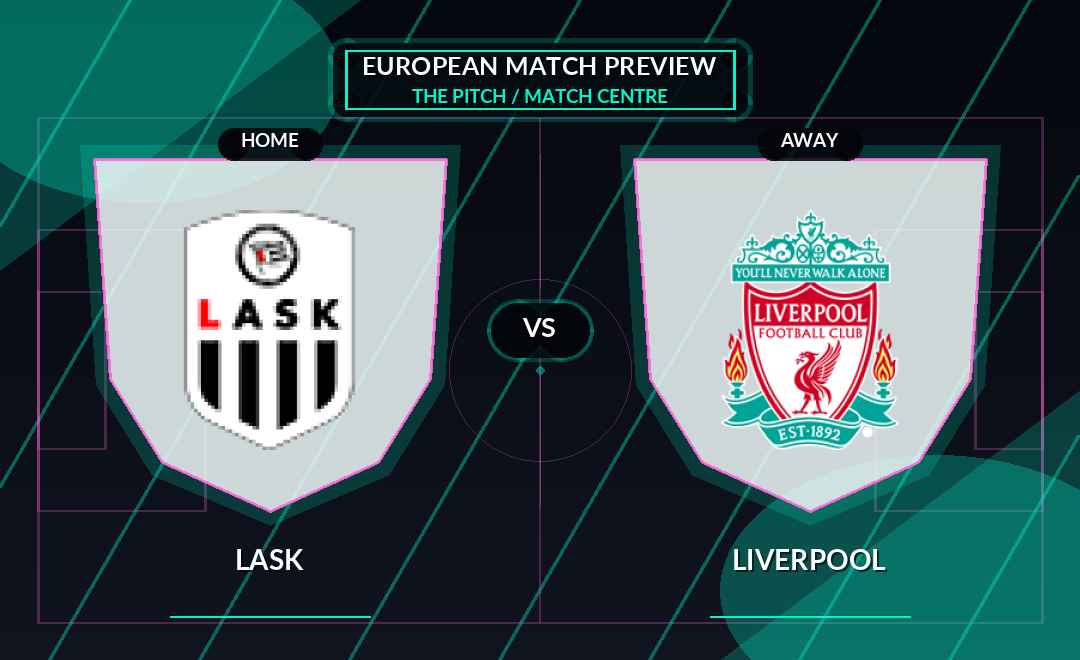 LASK vs Liverpool club crest match preview graphic