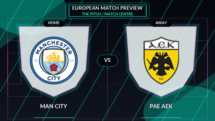 Man City vs PAE AEK club crest match preview graphic