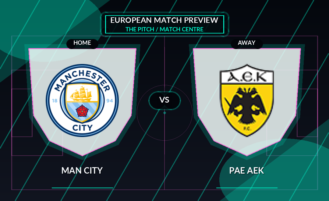 Man City vs PAE AEK club crest match preview graphic