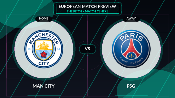 Man City vs PSG club crest match preview graphic