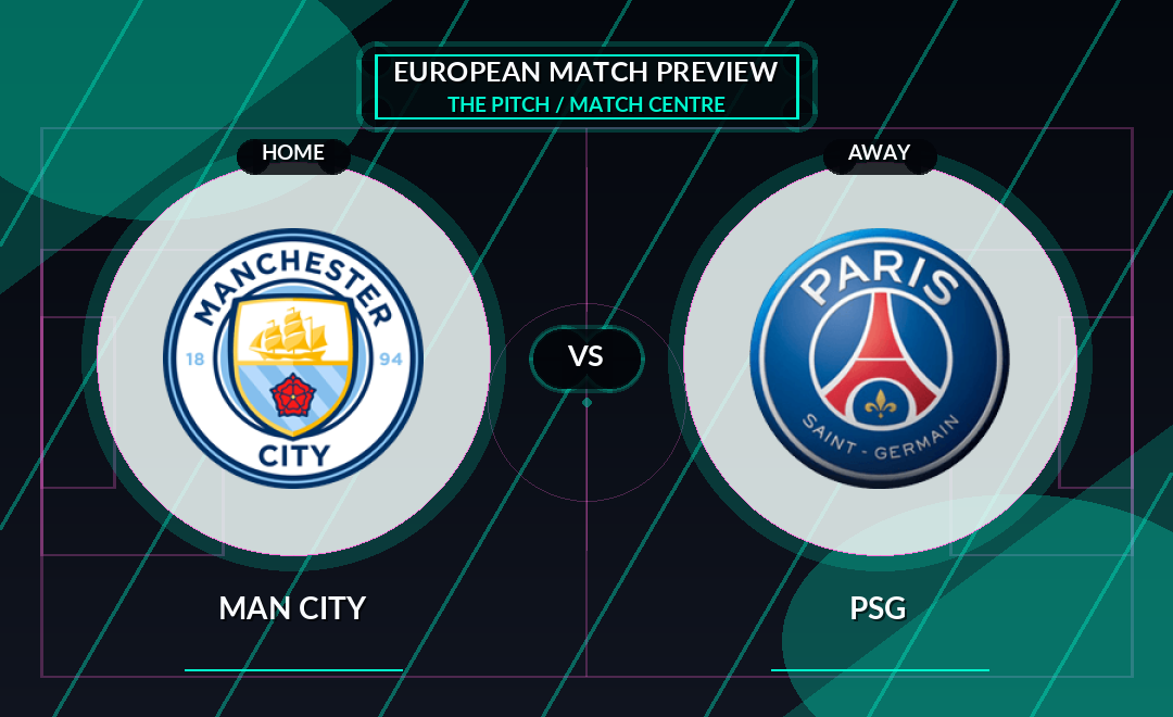 Man City vs PSG club crest match preview graphic