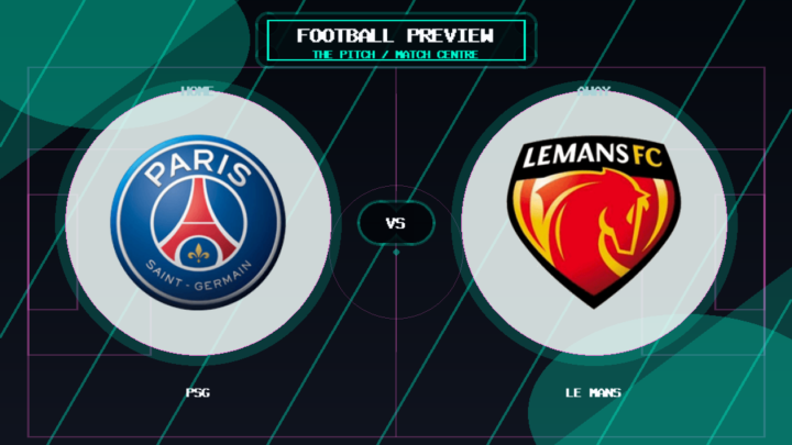 PSG vs Le Mans club crest match preview graphic