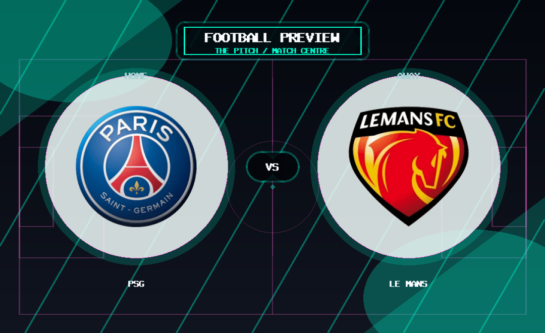 PSG vs Le Mans club crest match preview graphic