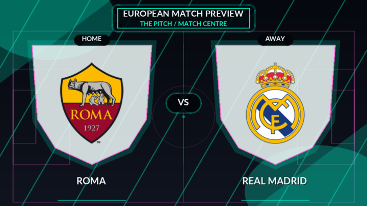 Roma vs Real Madrid club crest match preview graphic