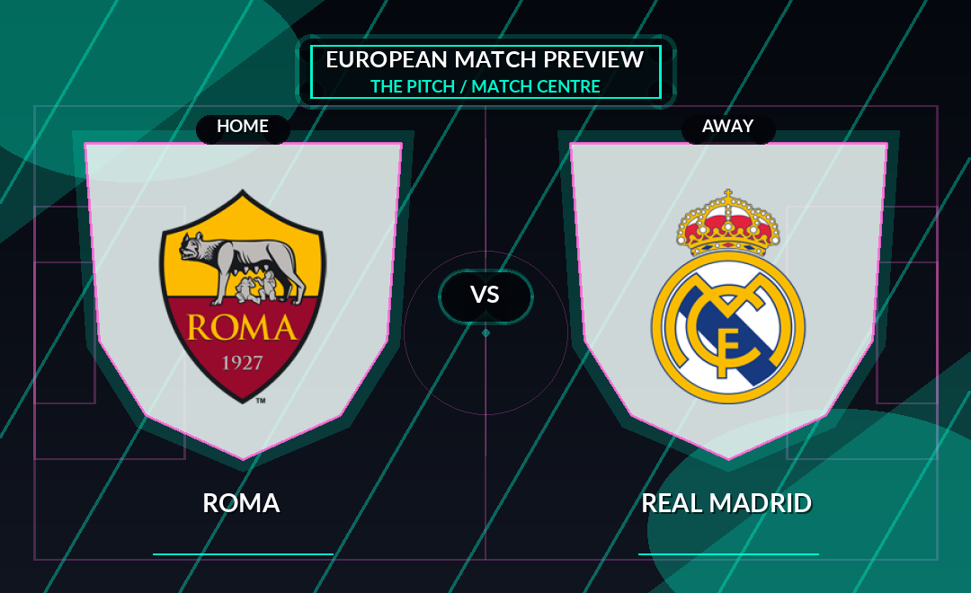 Roma vs Real Madrid club crest match preview graphic